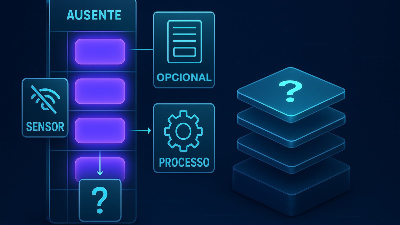 Coluna com células ausentes e, ao lado, quatro causas possíveis: falha de sensor, campo opcional, processo operacional e causa desconhecida