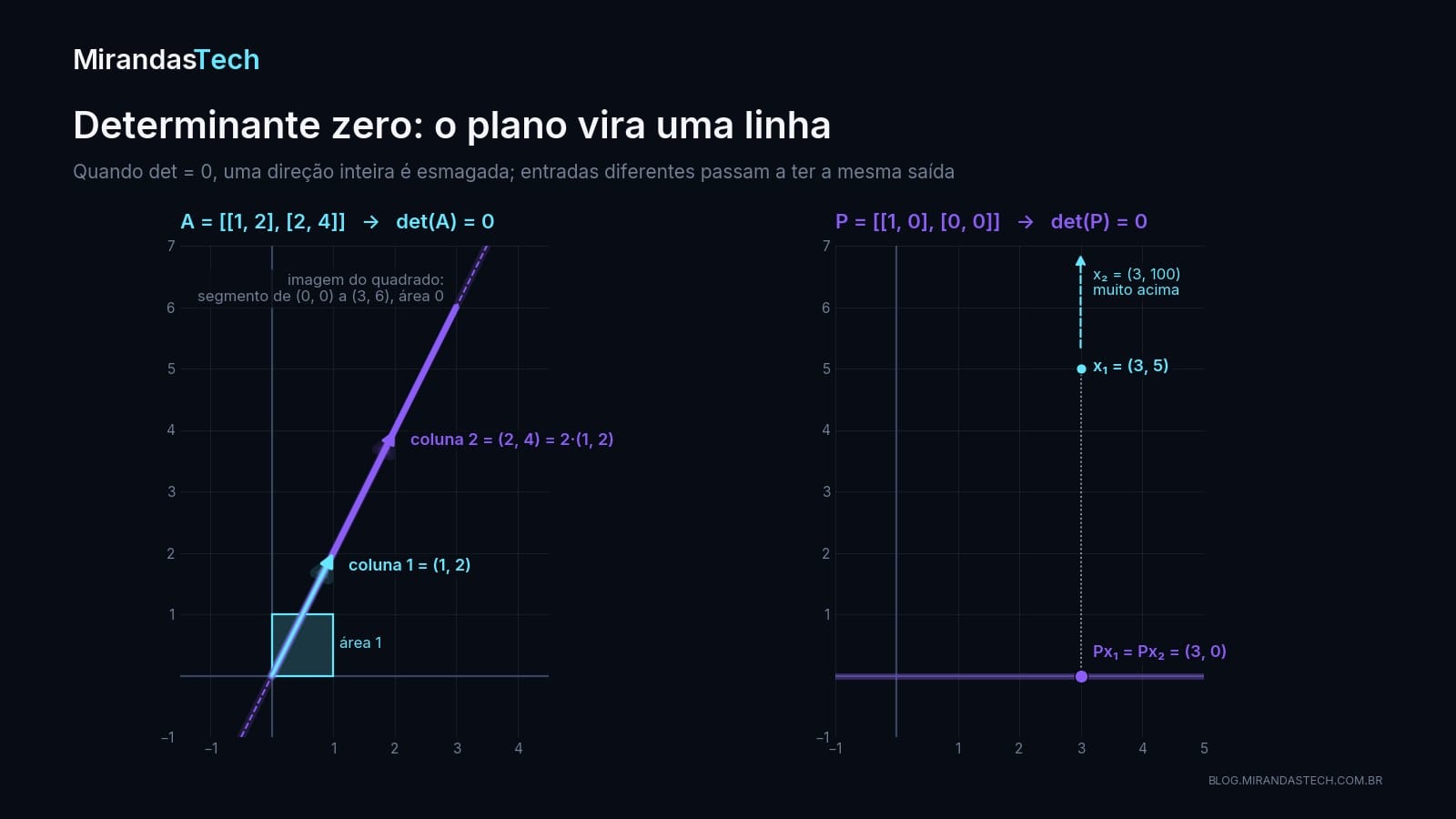 À esquerda, as colunas (1, 2) e (2, 4) sobre a mesma reta e o quadrado unitário achatado num segmento de (0, 0) a (3, 6); à direita, a projeção leva o ponto (3, 5) e o ponto (3, 100), fora do gráfico, ao mesmo ponto (3, 0)