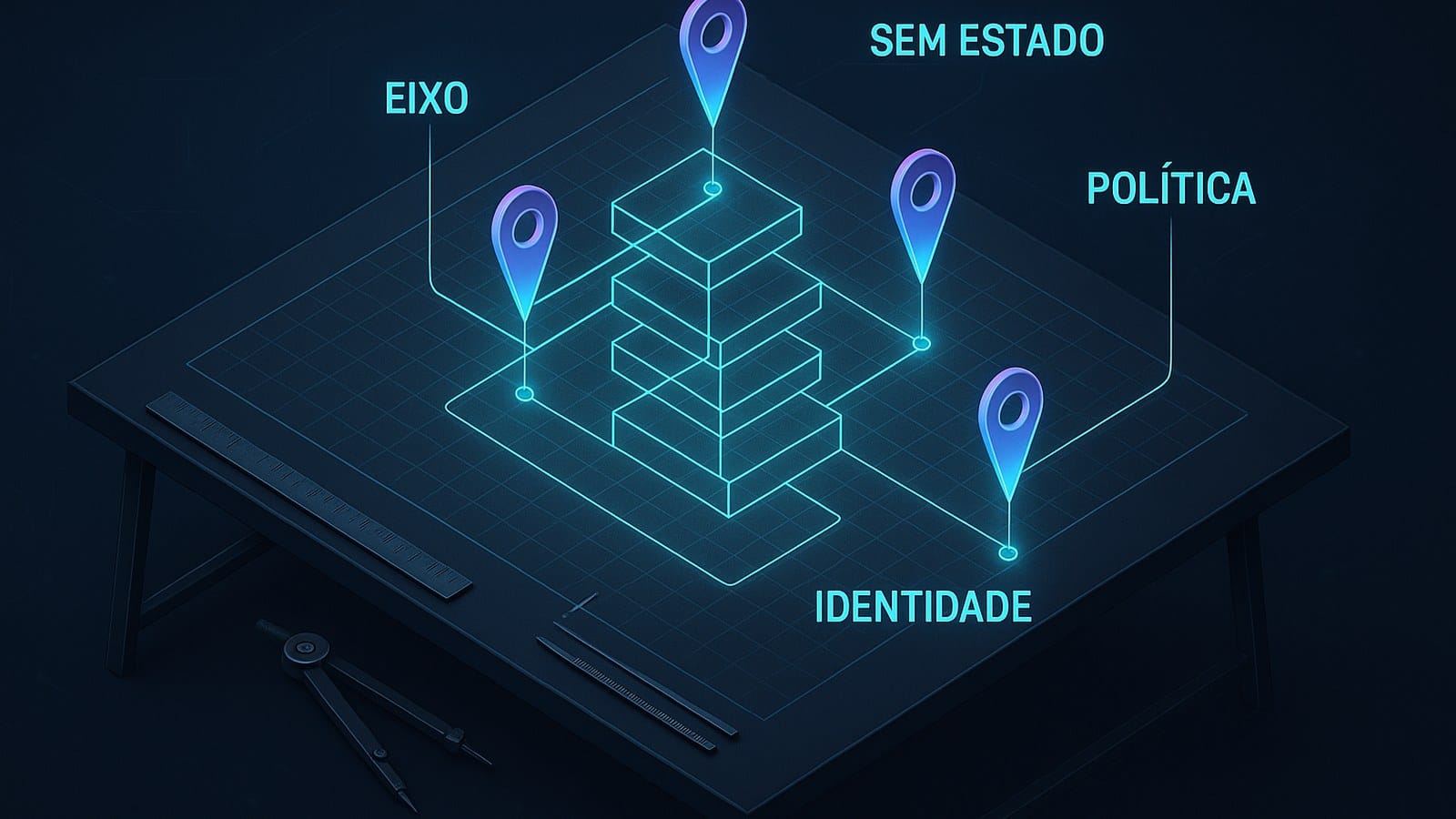 Mesa de arquitetura com quatro decisões marcadas: eixo antes da sigla, núcleo sem estado, política na costura e identidade antes da descoberta