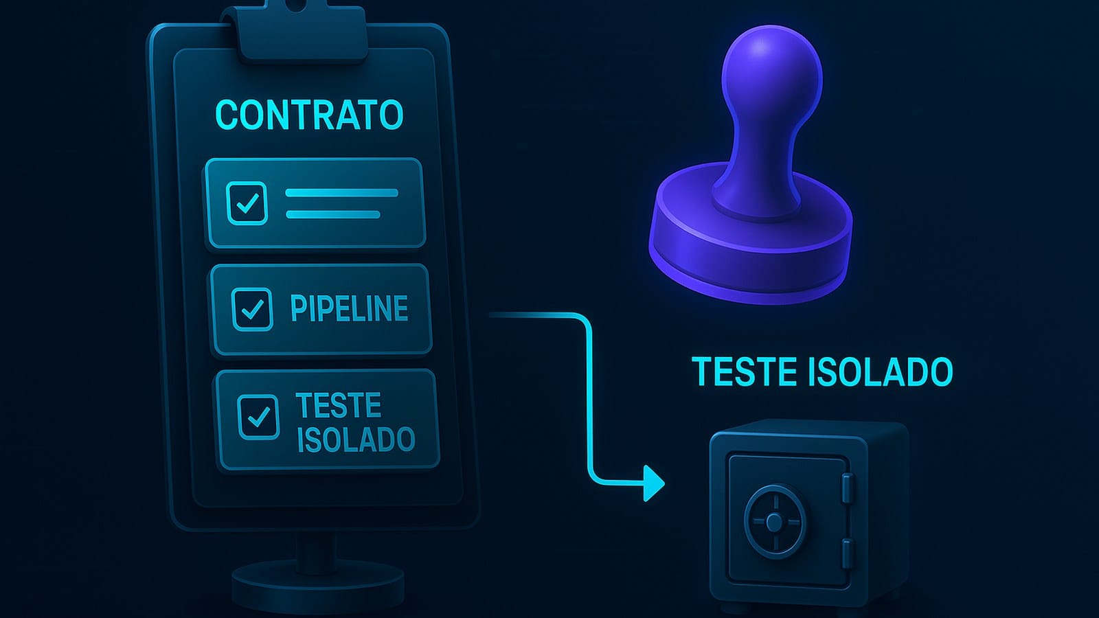Prancheta com três itens marcados — contrato, pipeline e teste isolado — e um cofre que guarda o teste