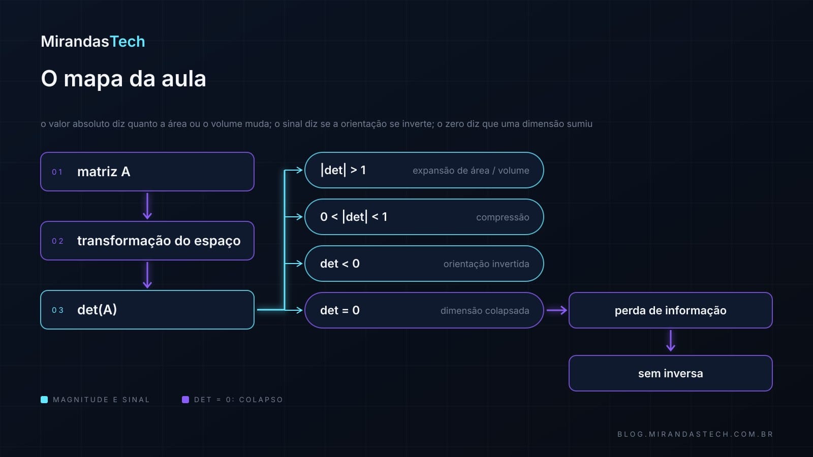 Mapa mental: matriz A leva a transformação do espaço, que leva a det(A); de det(A) saem quatro ramos, módulo maior que 1 expansão, módulo entre 0 e 1 compressão, det menor que 0 orientação invertida, e det igual a 0 dimensão colapsada, que segue para perda de informação e sem inversa