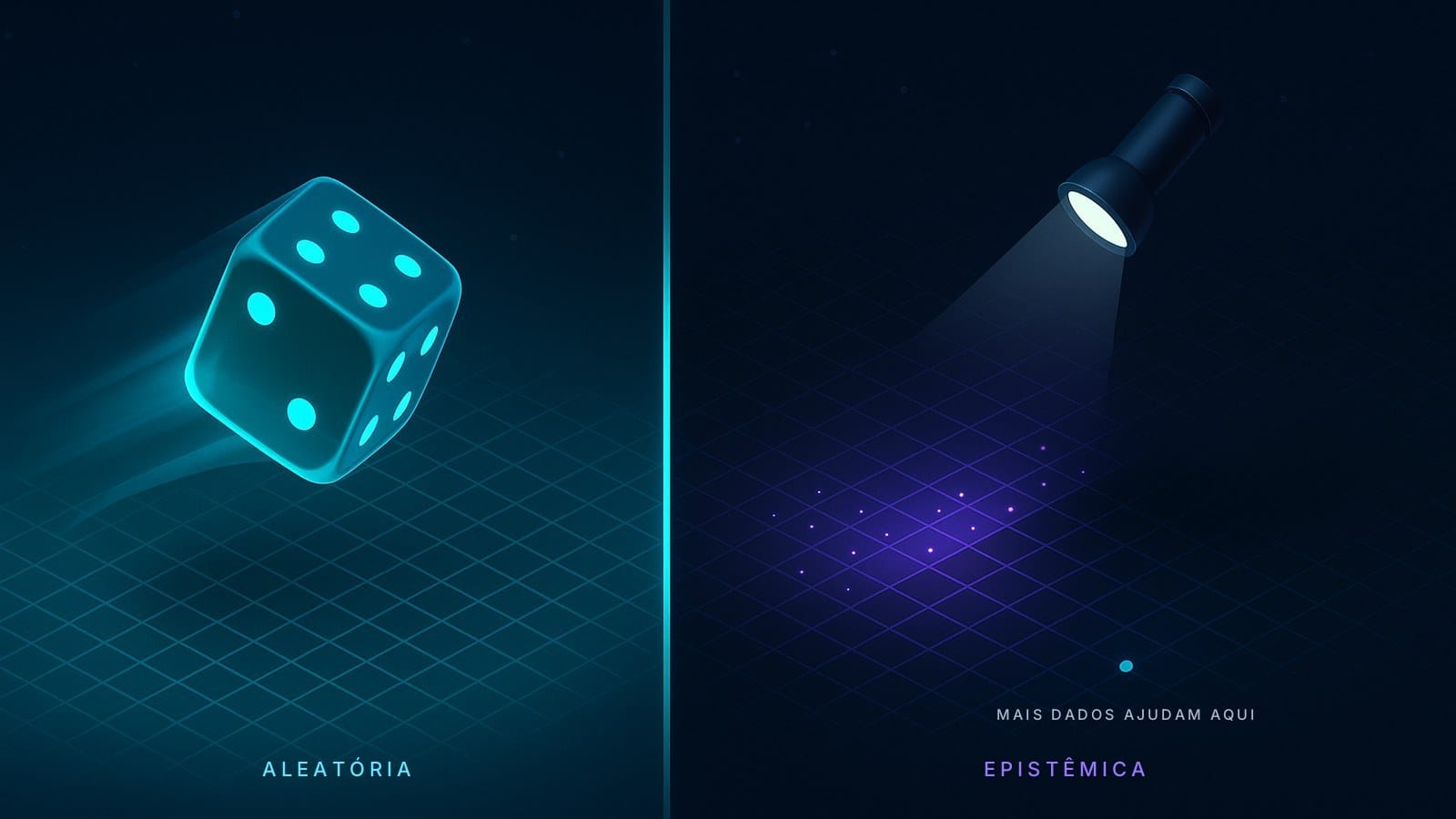 À esquerda, um dado girando sobre um chão iluminado; à direita, um terreno em grade com uma área cheia de pontos de dados e outra escura e quase vazia