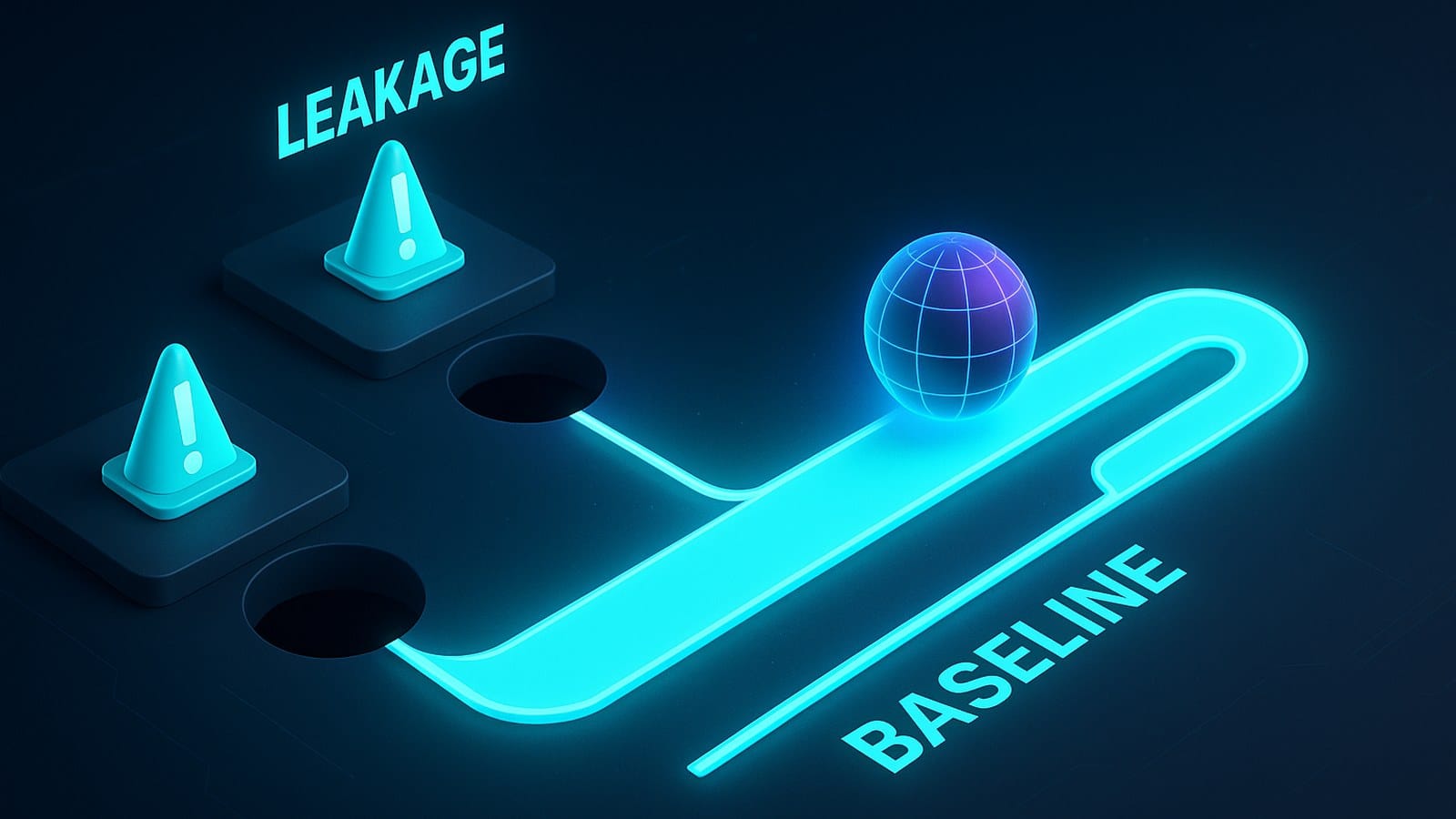 Caminho com três armadilhas sinalizadas: leakage, split e baseline