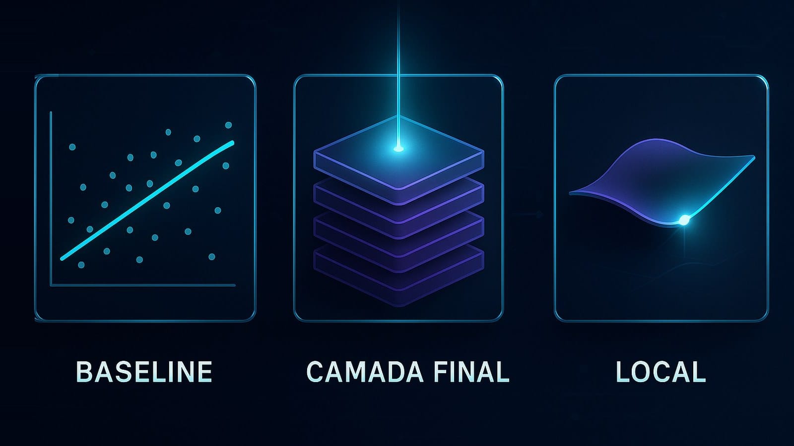 Três painéis: uma linha de tendência sobre pontos, rotulada baseline; uma pilha de camadas de rede neural com uma lâmina final, rotulada camada final; e uma superfície curva com um ponto destacado, rotulado local