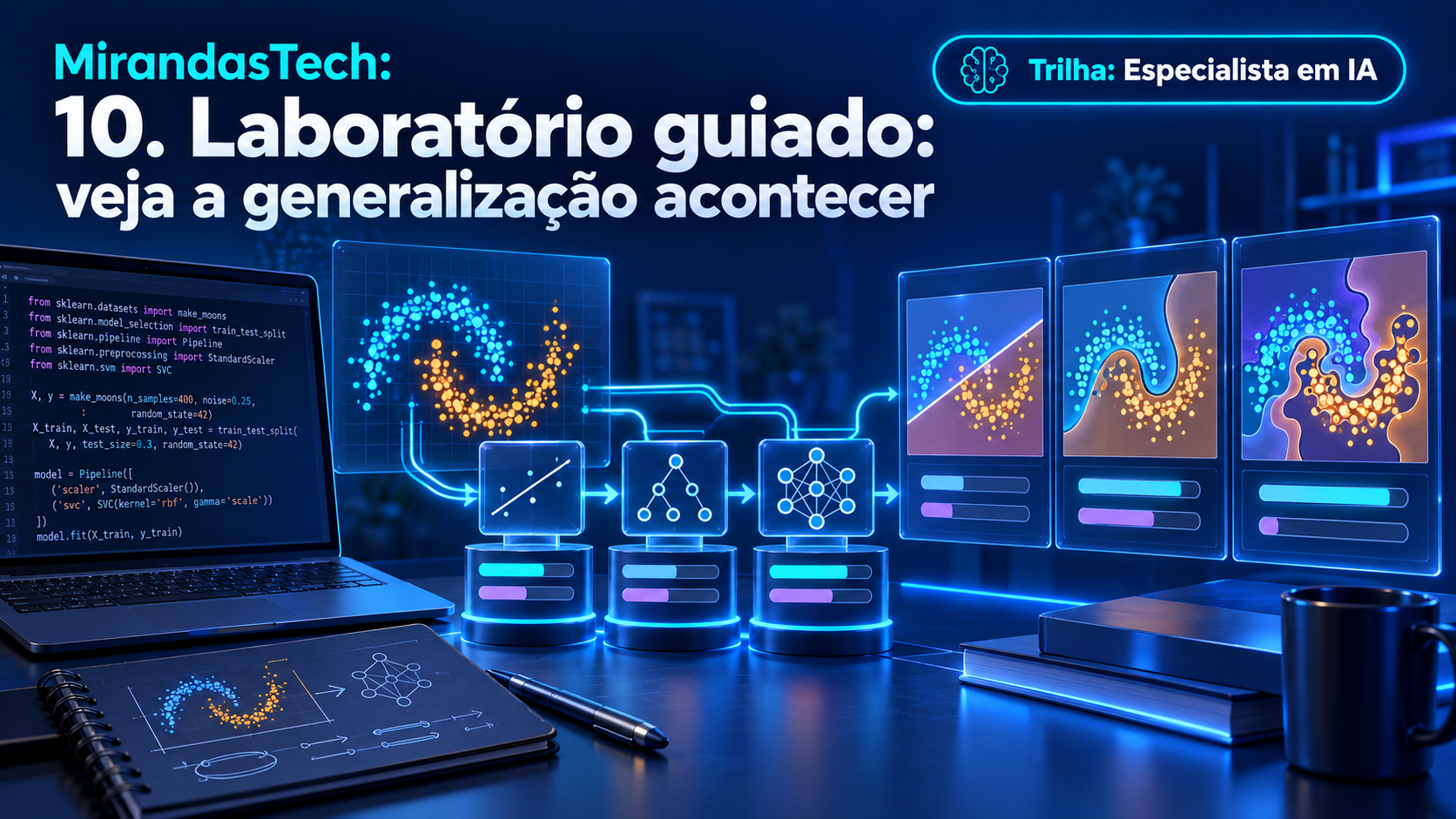Laboratório guiado de generalização com dados em luas e fronteiras de decisão.