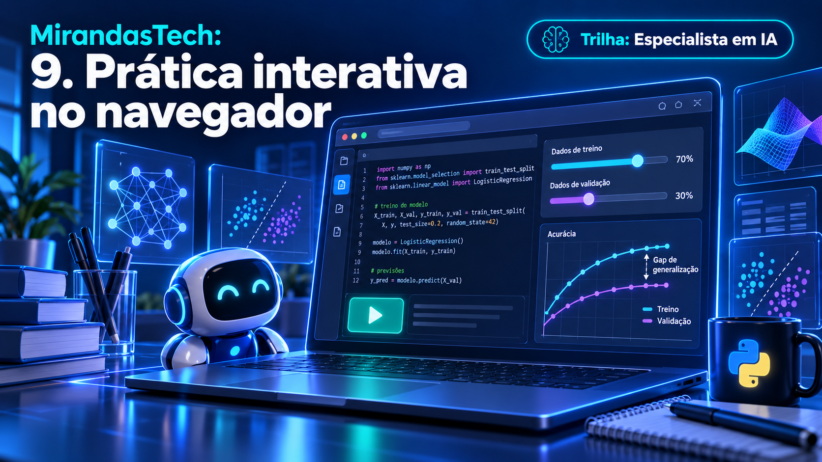 Prática interativa no navegador com código Python e diagnóstico de generalização.