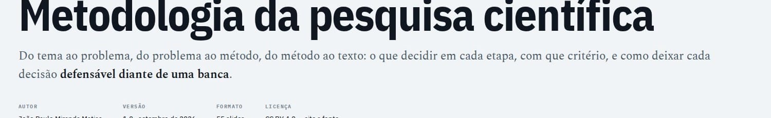 A capa do manual de Metodologia. Cada manual abre com autor, versão, número de slides e licença, e o mesmo motor de slides serve aos dezesseis.