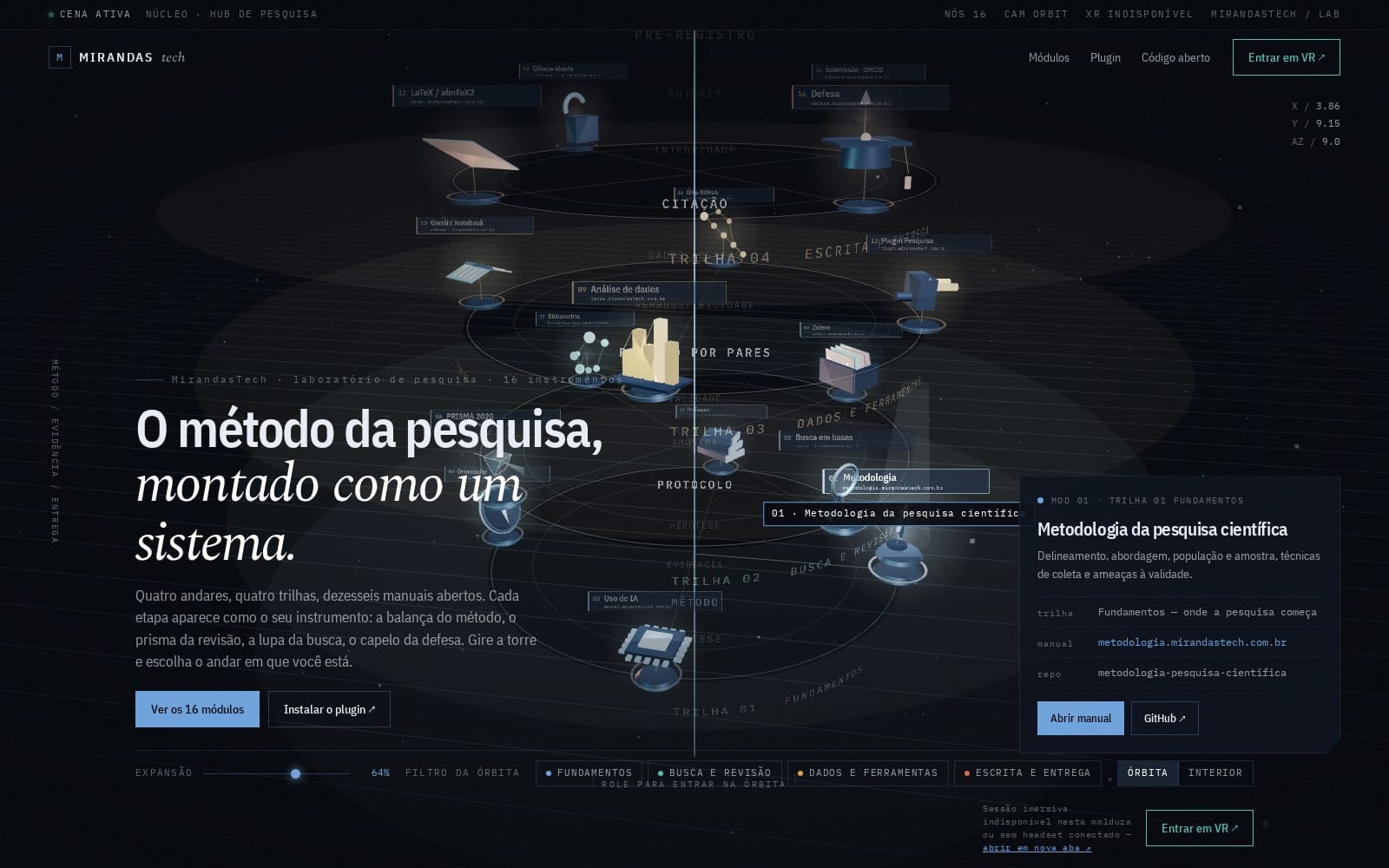 O laboratório na abertura: role a página e o texto sai, ficando só a órbita.