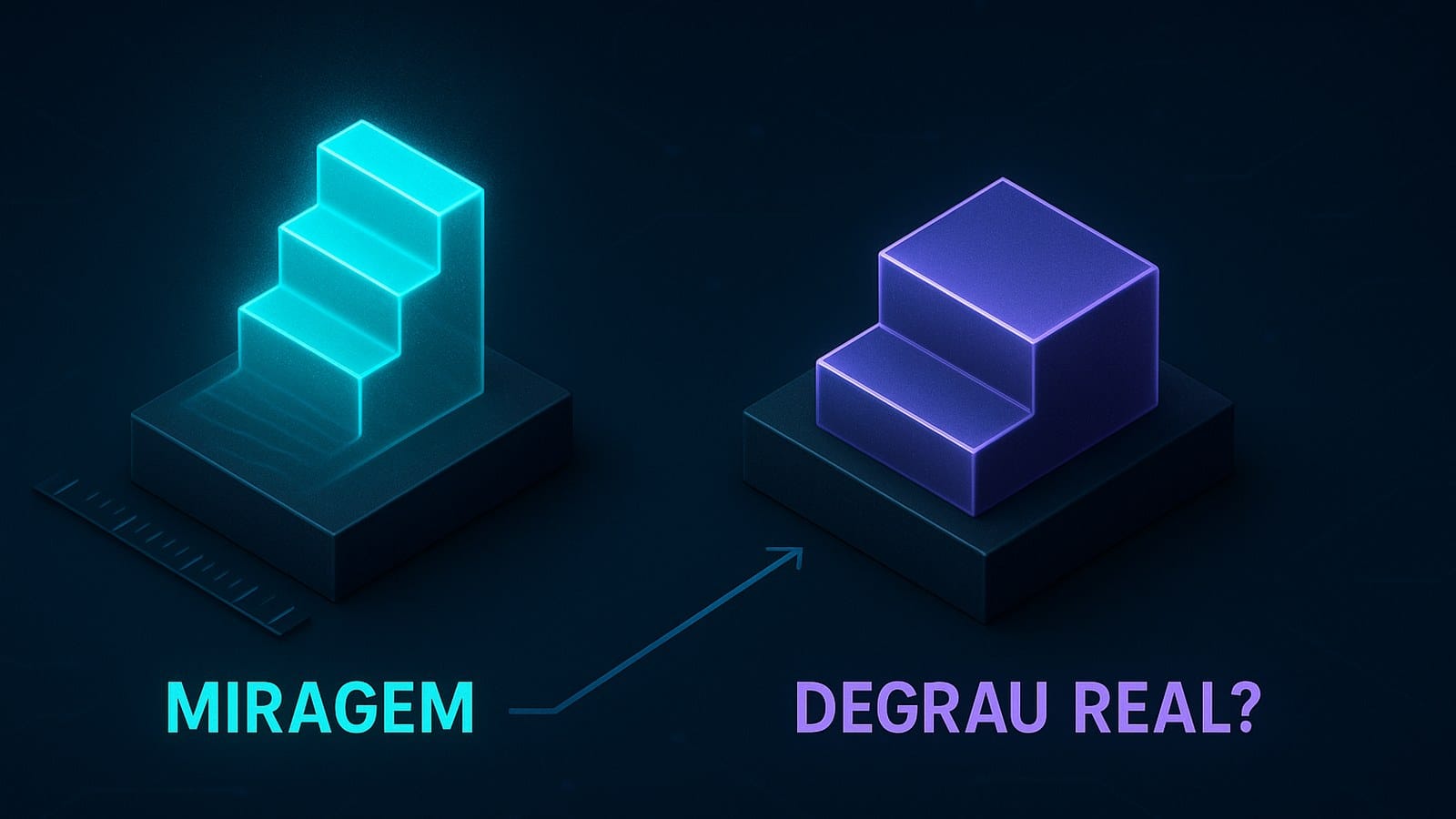 Cena 3D: à esquerda, uma escada de vidro ciano translúcida que se dissolve como miragem; à direita, um degrau sólido violeta com sombra real, sob o rótulo degrau real com interrogação