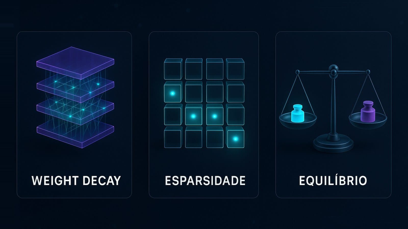 Três painéis de vidro: uma pilha de camadas de rede neural ligadas por filamentos finos de luz, rotulada weight decay; uma grade de 16 cubos com apenas quatro acesos, rotulada esparsidade; e uma balança de dois pratos com um peso ciano e um violeta, rotulada equilíbrio