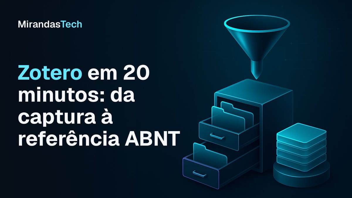 Funil de metal com brilho ciano sobre um arquivo de vidro com gavetas abertas cheias de fichas e, ao lado, uma pilha ordenada de fichas sobre um pedestal