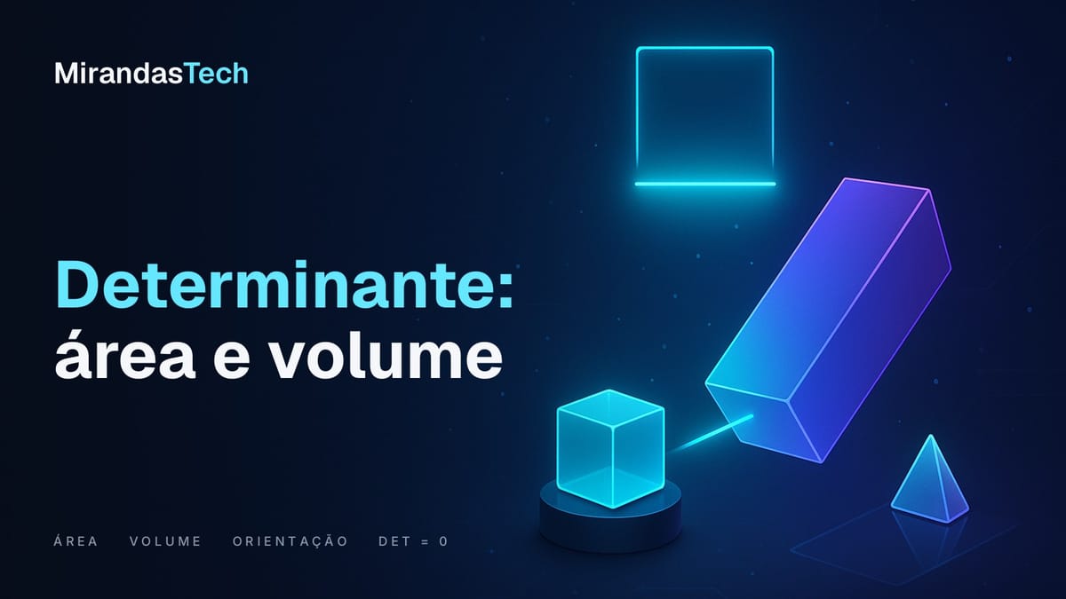 Capa: cubo de vidro ciano ligado a um prisma violeta maior, um quadrado luminoso achatado numa linha; título Determinante: área e volume
