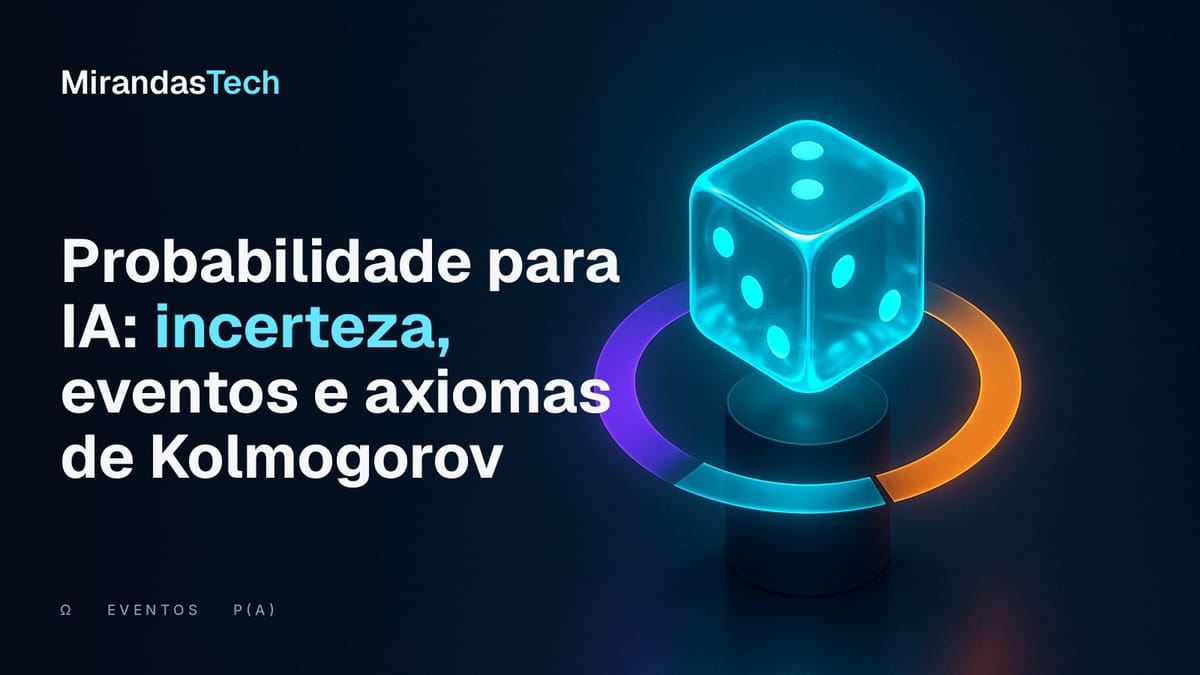 Capa: um dado de vidro ciano sobre um pedestal, cercado por três setores luminosos de tamanhos diferentes que fecham um círculo; título Probabilidade para IA