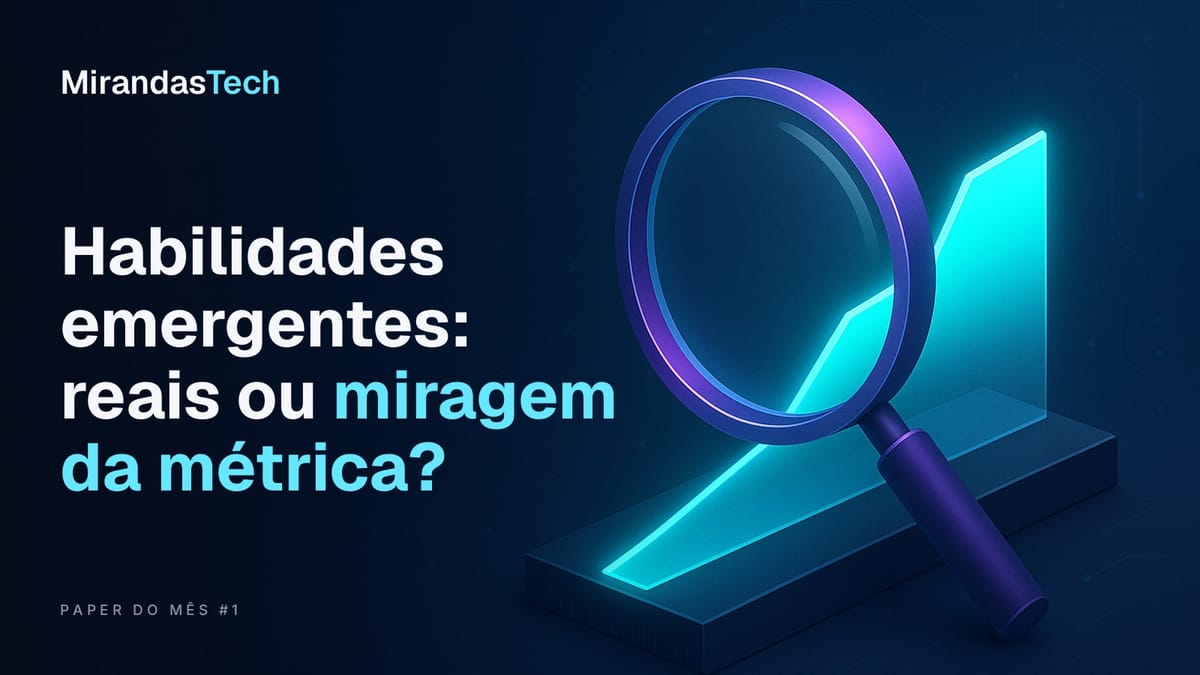 Lupa violeta sobre uma rampa de vidro ciano que, vista pela lente, parece um degrau; título Habilidades emergentes: reais ou miragem da métrica?