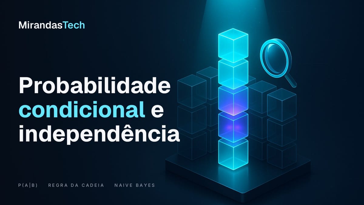 Grade de cubos de vidro escuro com uma única coluna iluminada em ciano por um feixe de luz, alguns cubos violeta dentro dela e uma lupa ao lado, ao lado do título