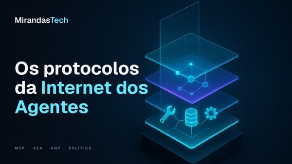 Capa: pilha de placas de vidro representando camadas de protocolos de agentes, com ferramentas embaixo, pares no meio e uma rede aberta no topo; título Os protocolos da Internet dos Agentes