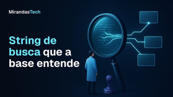 Pesquisador diante de uma grande lupa de vidro que revela um terminal com três feixes de luz ligados a três cartões, e um carimbo violeta ao pé da lupa